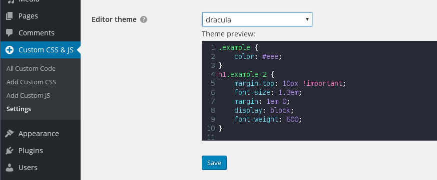 Simple Custom CSS and JS editor themes