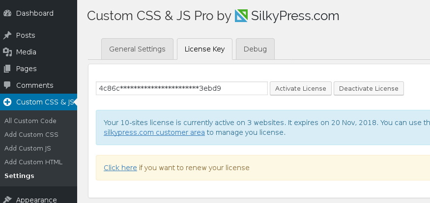 WP Custom CSS and JS activate license
